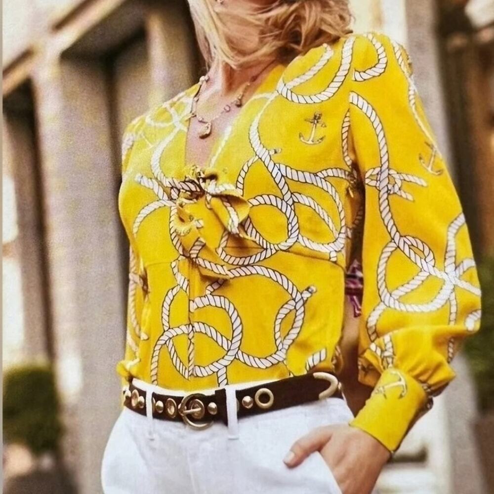 CAbi Yellow Rope Print Women's Blouse With Bow Sz L #1758